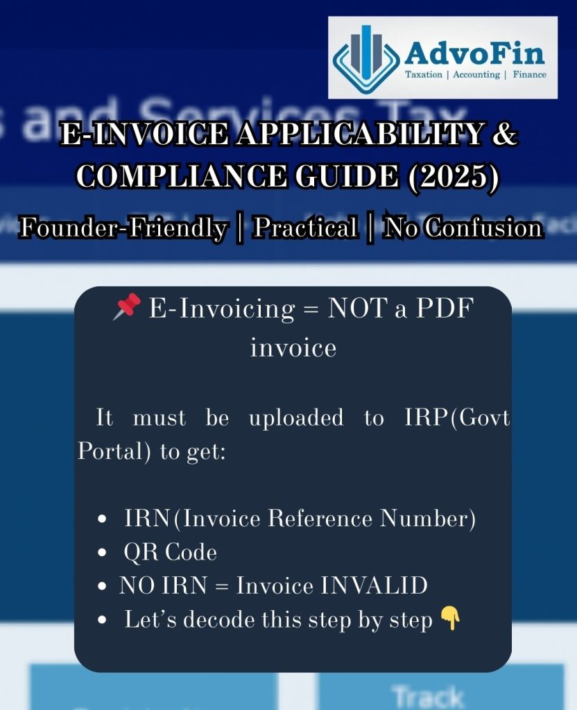 E-invoice applicability and compliance guide 2025 explaining that e-invoicing is not a PDF invoice and must be uploaded to the government IRP portal to generate IRN and QR code.