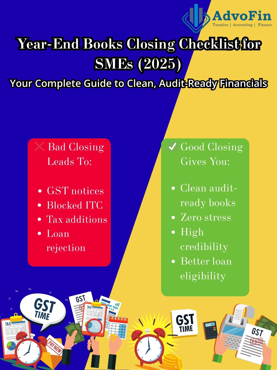Year-end books closing checklist for SMEs 2025 showing comparison between bad closing consequences like GST notices and blocked ITC versus benefits of good closing such as clean audit-ready books and better loan eligibility.