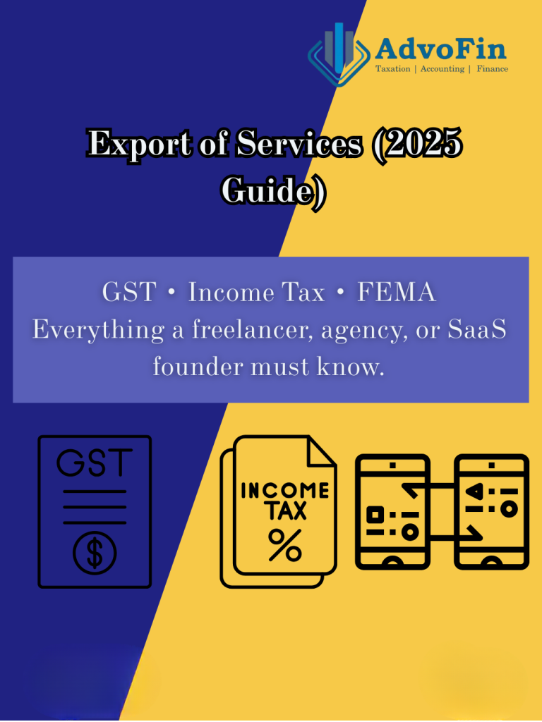 Export of services guide 2025 infographic covering GST, Income Tax, and FEMA compliance for freelancers, agencies, and SaaS founders providing services to international clients.