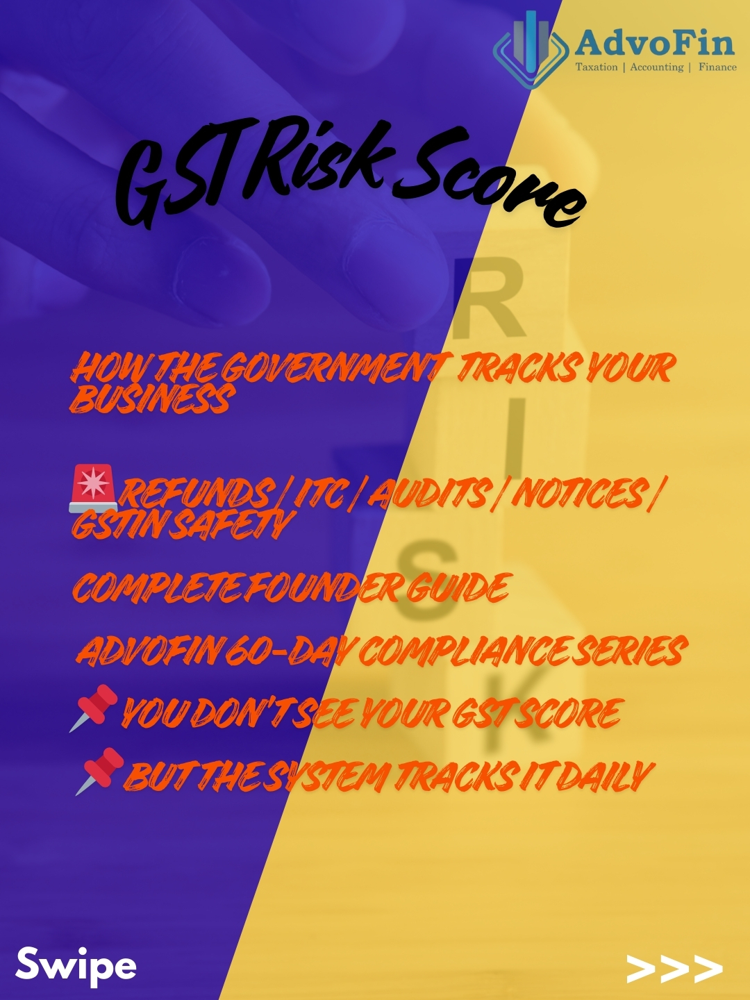 how the government tracks businesses under GST. Highlights include refunds, ITC, audits, notices, GSTIN safety, and the importance of monitoring the GST risk score daily.”