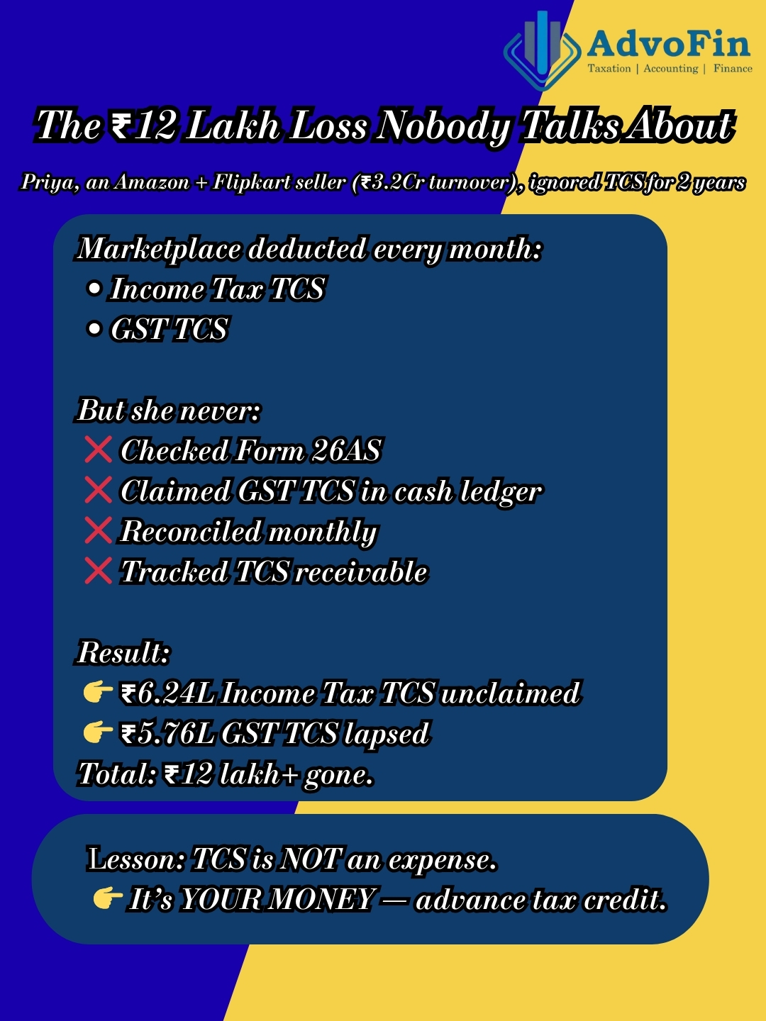 A compliance awareness graphic by AdvoFin explaining a ₹12 lakh financial loss suffered by an Amazon and Flipkart seller due to unclaimed Income Tax TCS and lapsed GST TCS. The image highlights monthly TCS deductions by marketplaces, lack of reconciliation and Form 26AS checks, and concludes that TCS is not an expense but an advance tax credit.