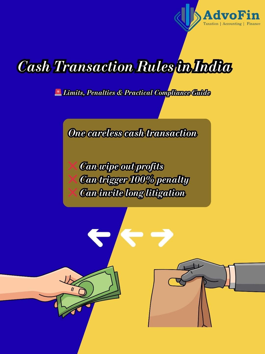 A compliance awareness banner by AdvoFin explaining cash transaction rules in India. The image warns that a single careless cash transaction can wipe out profits, trigger 100 percent penalties, and lead to prolonged litigation, highlighting the importance of following legal cash limits.