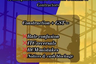 A professional GST compliance banner by AdvoFin titled “GST for Construction Industry (2025) – A Complete Practical Guide for Builders and Contractors.” The image highlights common GST challenges in construction such as rate confusion, ITC reversals, RCM mistakes, notices, and cash blockage, emphasizing simplified GST guidance for builders and contractors.