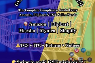 A professional GST compliance banner by AdvoFin titled “GST for E-Commerce Sellers (2025).” The image highlights a complete compliance guide for Amazon, Flipkart, Meesho, Myntra, and Shopify sellers, covering GST TCS, input tax credit, return filing, and notice management for online and D2C businesses.