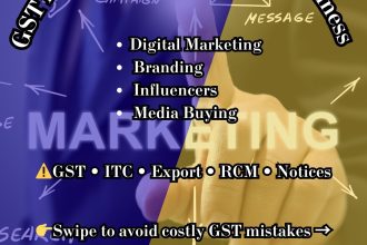 A professional GST compliance banner by AdvoFin titled “GST for Advertising & Agency Business.” The image highlights GST compliance for digital marketing, branding, influencers, and media buying agencies, covering ITC eligibility, export of services, reverse charge mechanism (RCM), and GST notices.