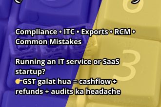 A professional GST compliance banner by AdvoFin titled “GST for IT and SaaS Companies (2025).” The image highlights GST compliance for IT service providers and SaaS startups, covering ITC eligibility, export of services, reverse charge mechanism (RCM), common GST mistakes, and the impact of incorrect GST on cash flow, refunds, and audits.