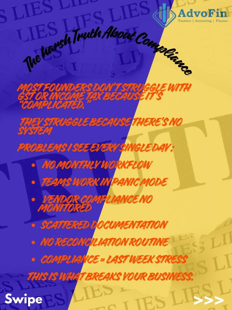 “Infographic titled ‘The Harsh Truth About Compliance’ showing key reasons founders struggle with GST and Income Tax due to lack of systems, scattered documentation, weak workflows, and no reconciliation routine. AdvoFin branding visible in top-right.”