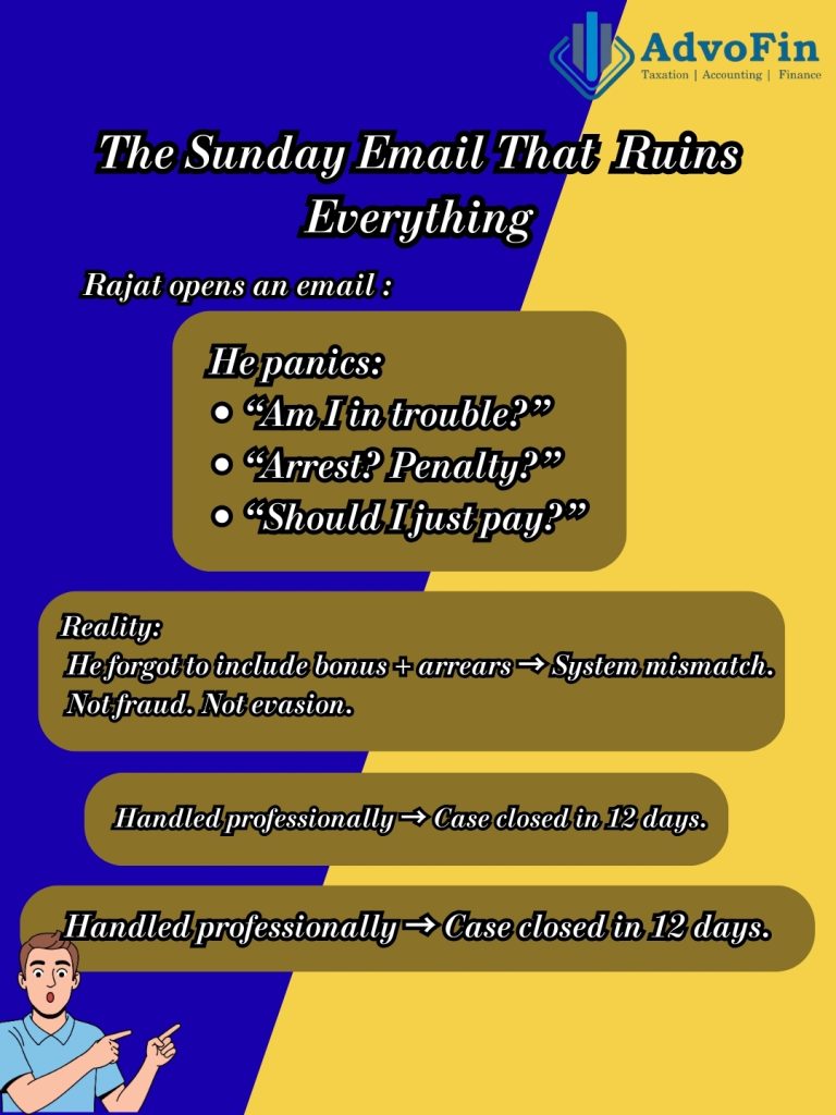 A professional compliance awareness banner by AdvoFin depicting a founder opening a Sunday email and panicking over a tax notice. The image explains common fears such as arrest and penalties, followed by the reality that the issue was a simple system mismatch due to missing bonus and arrears entries. It concludes with the message that the matter was handled professionally and resolved within 12 days.