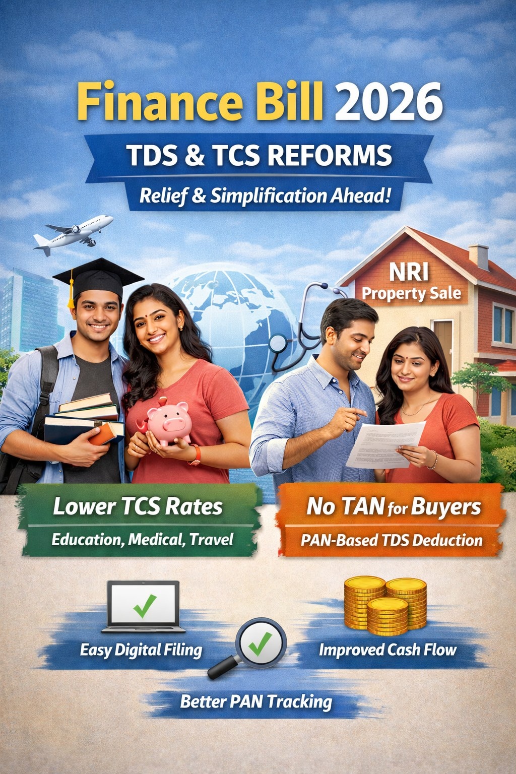 "Finance Bill 2026 infographic showing TDS and TCS reforms, including lower TCS rates for education, medical and travel, simplified NRI property sale TDS rules, and highlights such as easy digital filing, better PAN tracking, and improved cash flow, illustrated with students, a couple reviewing documents, and financial icons."