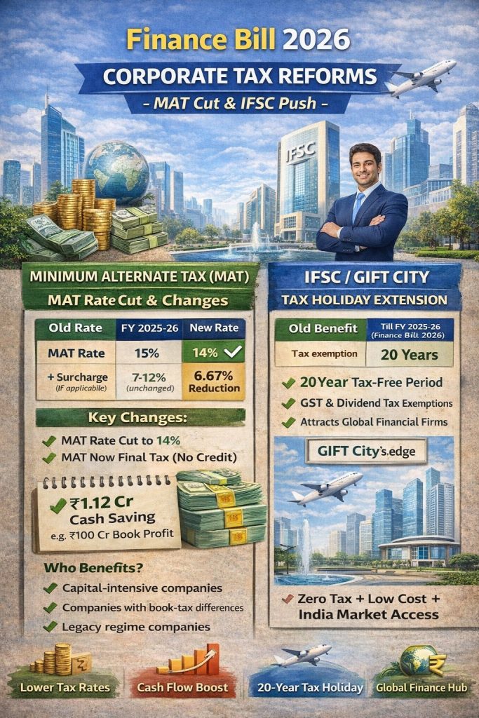 "Finance Bill 2026 infographic on corporate tax reforms showing MAT rate cut from 15% to 14%, no MAT credit system, and extended 20-year tax holiday for IFSC GIFT City, with visuals of skyscrapers, money stacks, a professional businessman, and global finance icons."