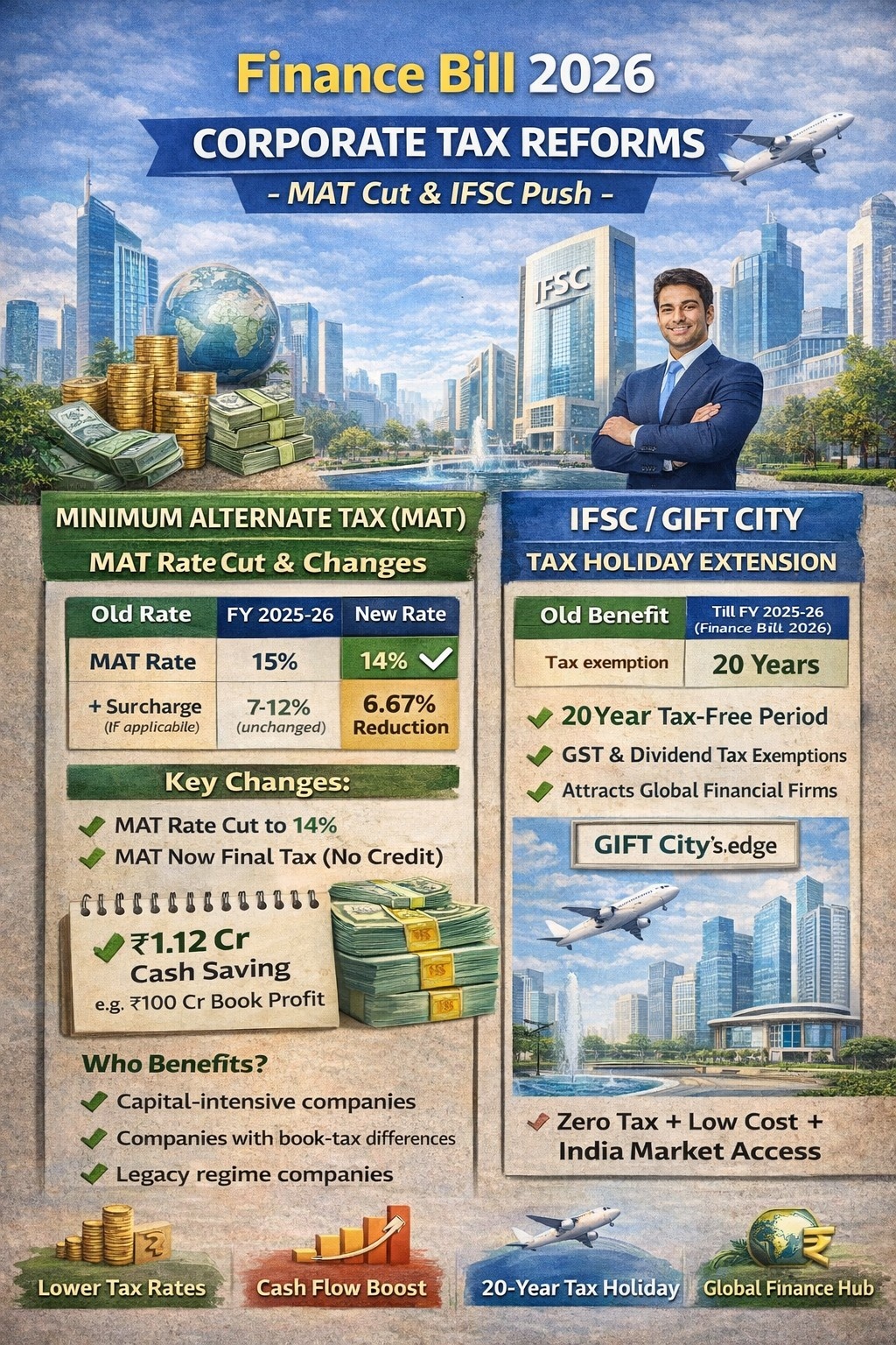 "Finance Bill 2026 infographic on corporate tax reforms showing MAT rate cut from 15% to 14%, no MAT credit system, and extended 20-year tax holiday for IFSC GIFT City, with visuals of skyscrapers, money stacks, a professional businessman, and global finance icons."