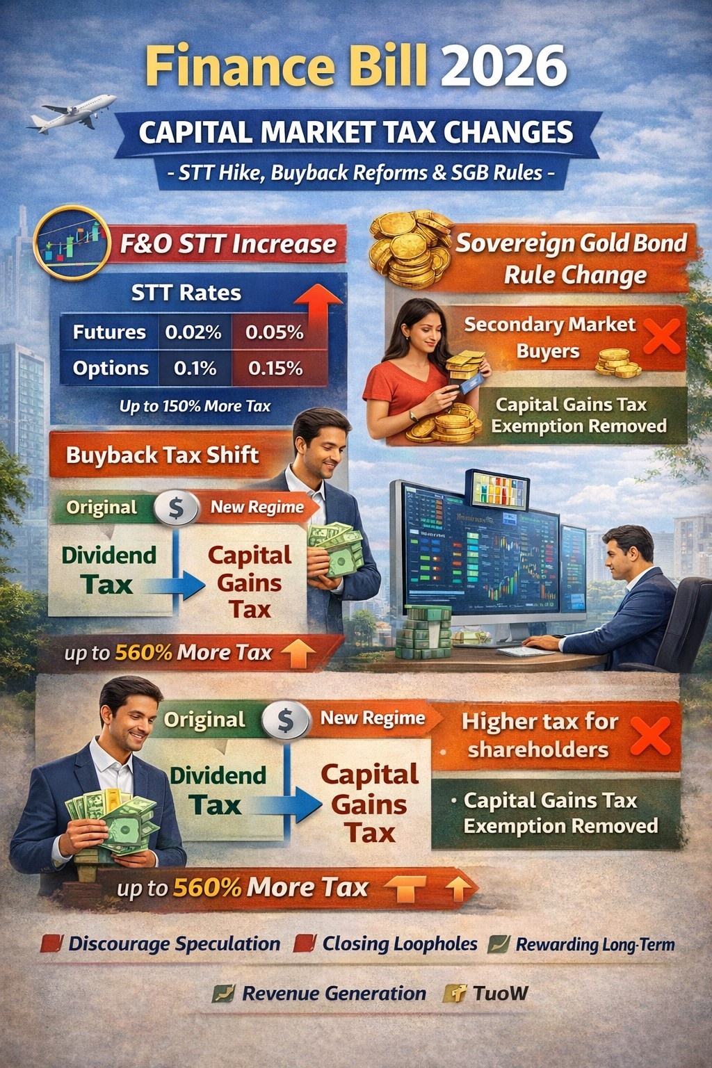 "Finance Bill 2026 portrait infographic explaining capital market tax changes, including STT hike on futures and options, buyback taxation shift from dividend tax to capital gains tax, and new rules removing capital gains exemption for secondary market Sovereign Gold Bond buyers, illustrated with traders, investors, charts, and icons."