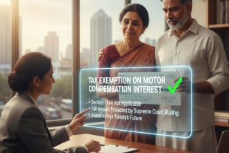 An Indian couple receiving a motor accident compensation check from a tax consultant, featuring a glowing digital overlay explaining Tax Exemption on Interest under Budget 2026 and Section 194A.