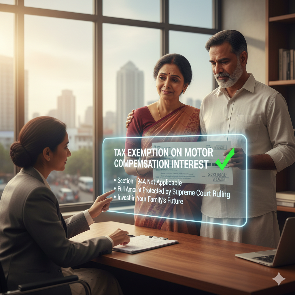 An Indian couple receiving a motor accident compensation check from a tax consultant, featuring a glowing digital overlay explaining Tax Exemption on Interest under Budget 2026 and Section 194A.