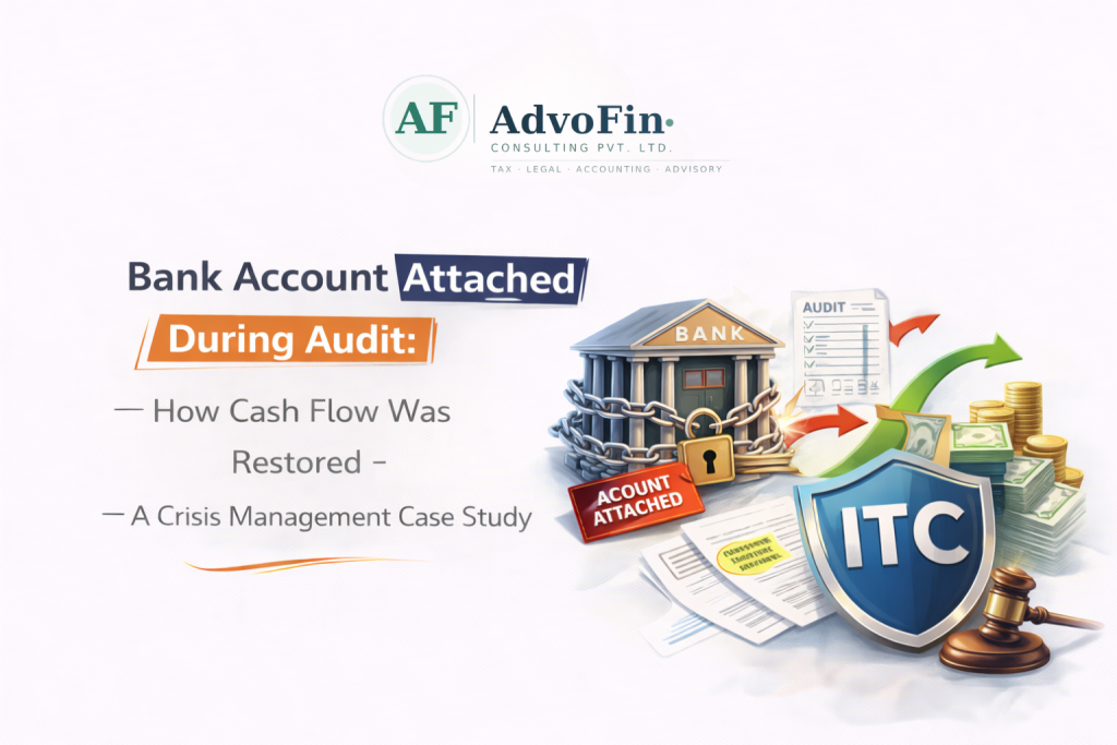 A chained and padlocked bank building with "Account Attached" tag, ITC shield, judge's gavel, cash, and audit documents - illustrating a GST bank account attachment during audit and how cash flow was legally restored - AdvoFin Consulting Pvt. Ltd.