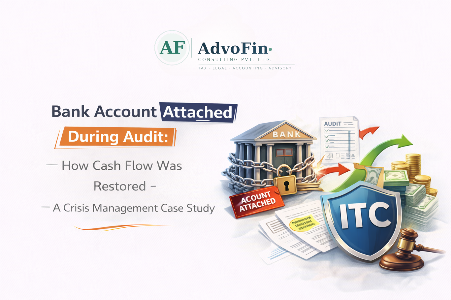 A chained and padlocked bank building with "Account Attached" tag, ITC shield, judge's gavel, cash, and audit documents - illustrating a GST bank account attachment during audit and how cash flow was legally restored - AdvoFin Consulting Pvt. Ltd.