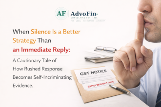 A man making a silence gesture with his finger over a GST Notice envelope stamped "Reply Within 7 Days" — illustrating why staying silent and thinking strategically is better than rushing a GST notice reply - AdvoFin Consulting Pvt. Ltd.