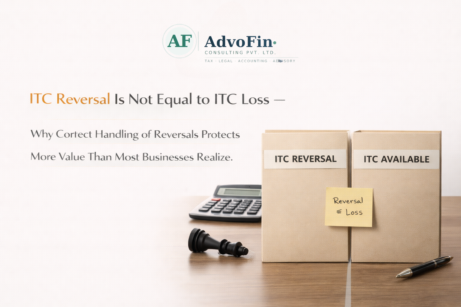 Two labelled folders ITC Reversal and ITC Available with a sticky note reading "Reversal ≠ Loss," a fallen chess king, and a calculator - illustrating that ITC reversal is not the same as permanent ITC loss under GST India - AdvoFin Consulting Pvt. Ltd.