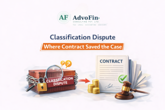 A chained and padlocked Classification Dispute box with question marks transforming via an arrow into a verified contract document, gold coins, and a judge's gavel - illustrating how a contract resolved a GST classification dispute in India - AdvoFin Consulting Pvt. Ltd.