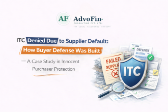 An illustrated ITC shield protecting a buyer from supplier default, surrounded by failed supplier documents and verified defense papers — depicting innocent purchaser protection under GST India - AdvoFin Consulting Pvt. Ltd.