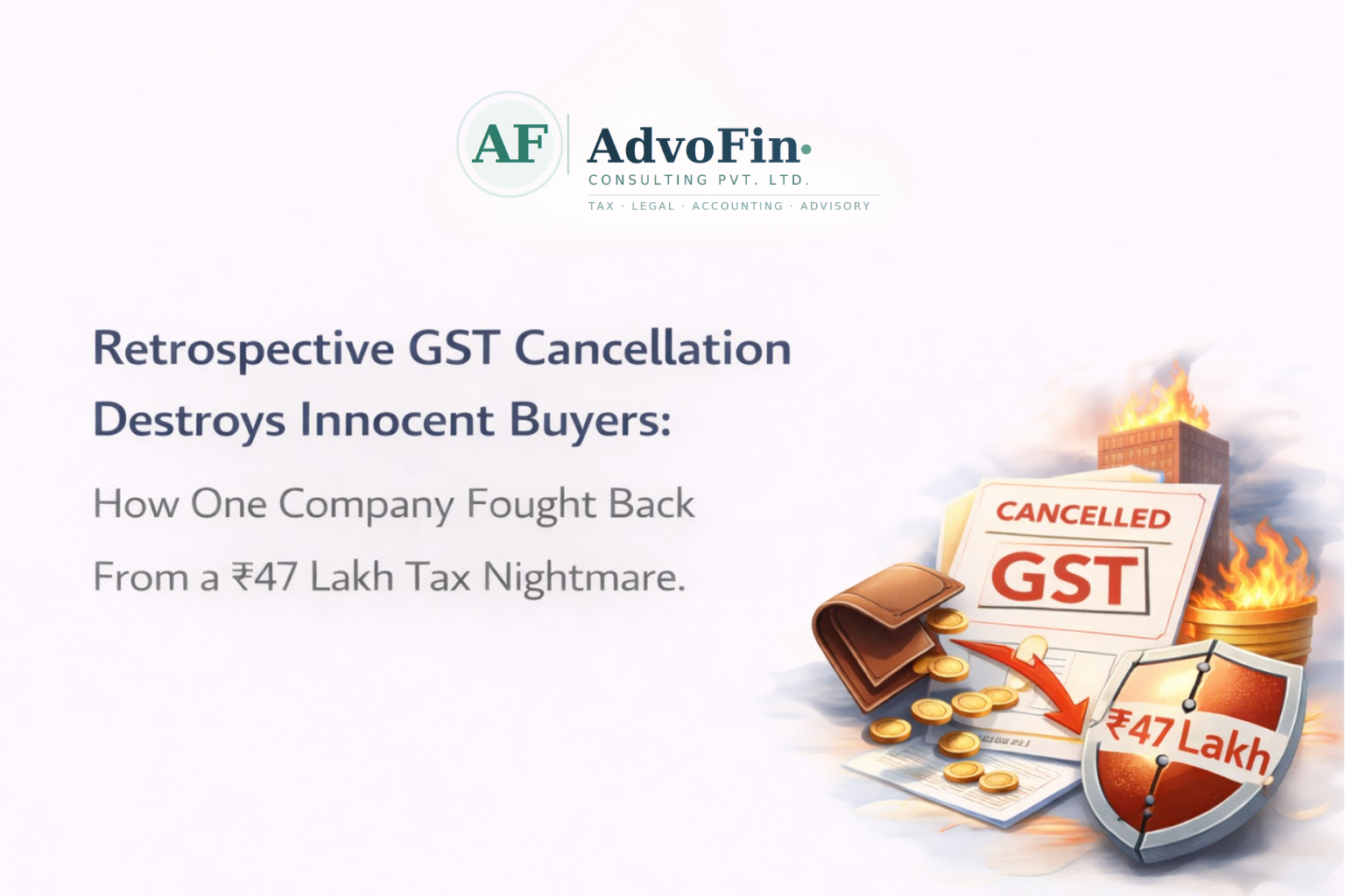 A "Cancelled GST" document with a burning building, spilling wallet, gold coins, and a ₹47 Lakh shield - depicting how retrospective GST registration cancellation devastates innocent buyers and how one company fought back - AdvoFin Consulting Pvt. Ltd.