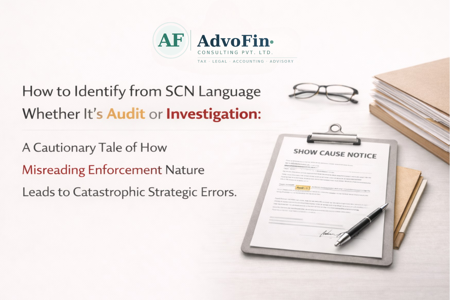 A Show Cause Notice document on a clipboard with "Audit" highlighted in yellow, alongside reading glasses and stacked files - illustrating how to decode SCN language to identify whether it's a GST audit or investigation - AdvoFin Consulting Pvt. Ltd.