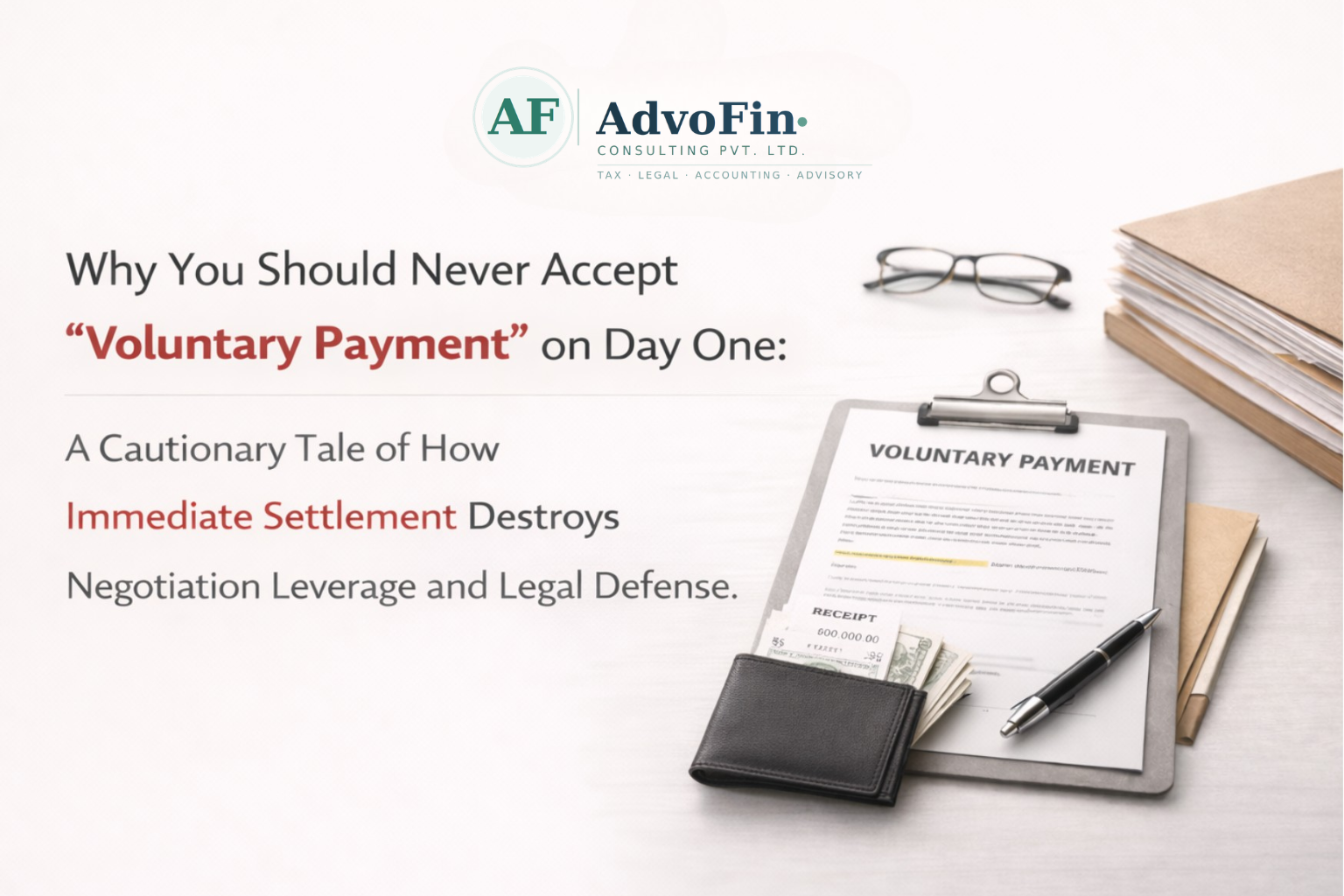 A "Voluntary Payment" document on a clipboard with a wallet, cash, payment receipt, reading glasses, and stacked files - illustrating why accepting voluntary payment on Day One of a GST proceeding destroys negotiation leverage and legal defense - AdvoFin Consulting Pvt. Ltd.
