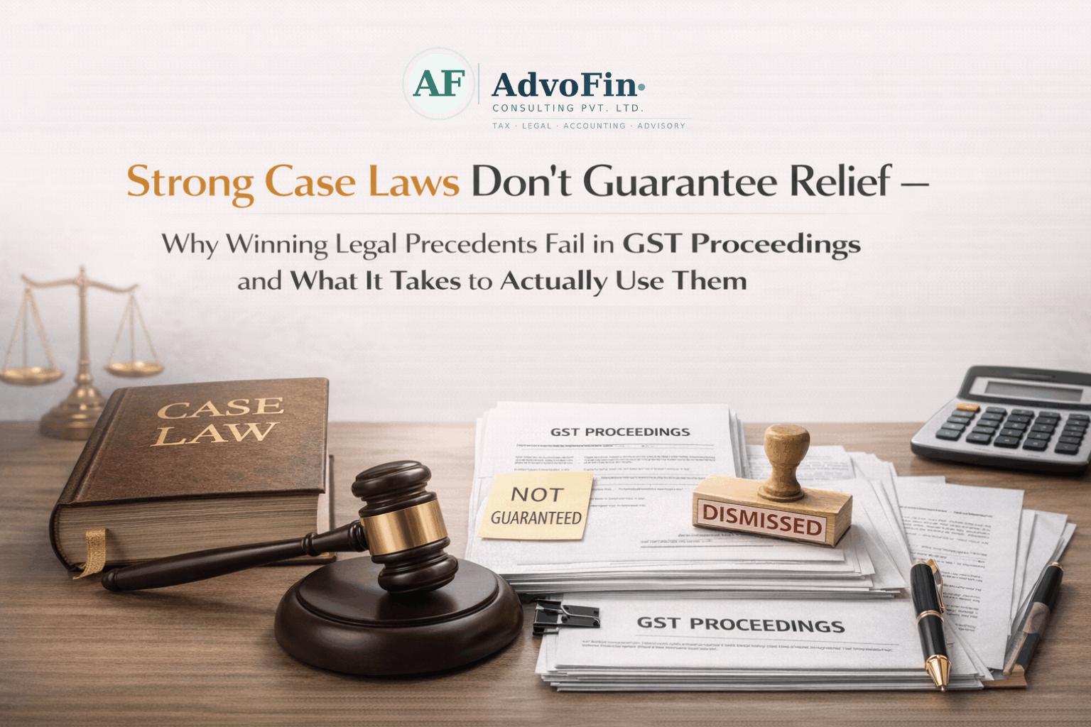 A Case Law book, judge's gavel, justice scales, GST Proceedings documents stamped "Dismissed" and tagged "Not Guaranteed" - illustrating why even strong legal precedents do not automatically guarantee relief in GST proceedings in India - AdvoFin Consulting Pvt. Ltd.