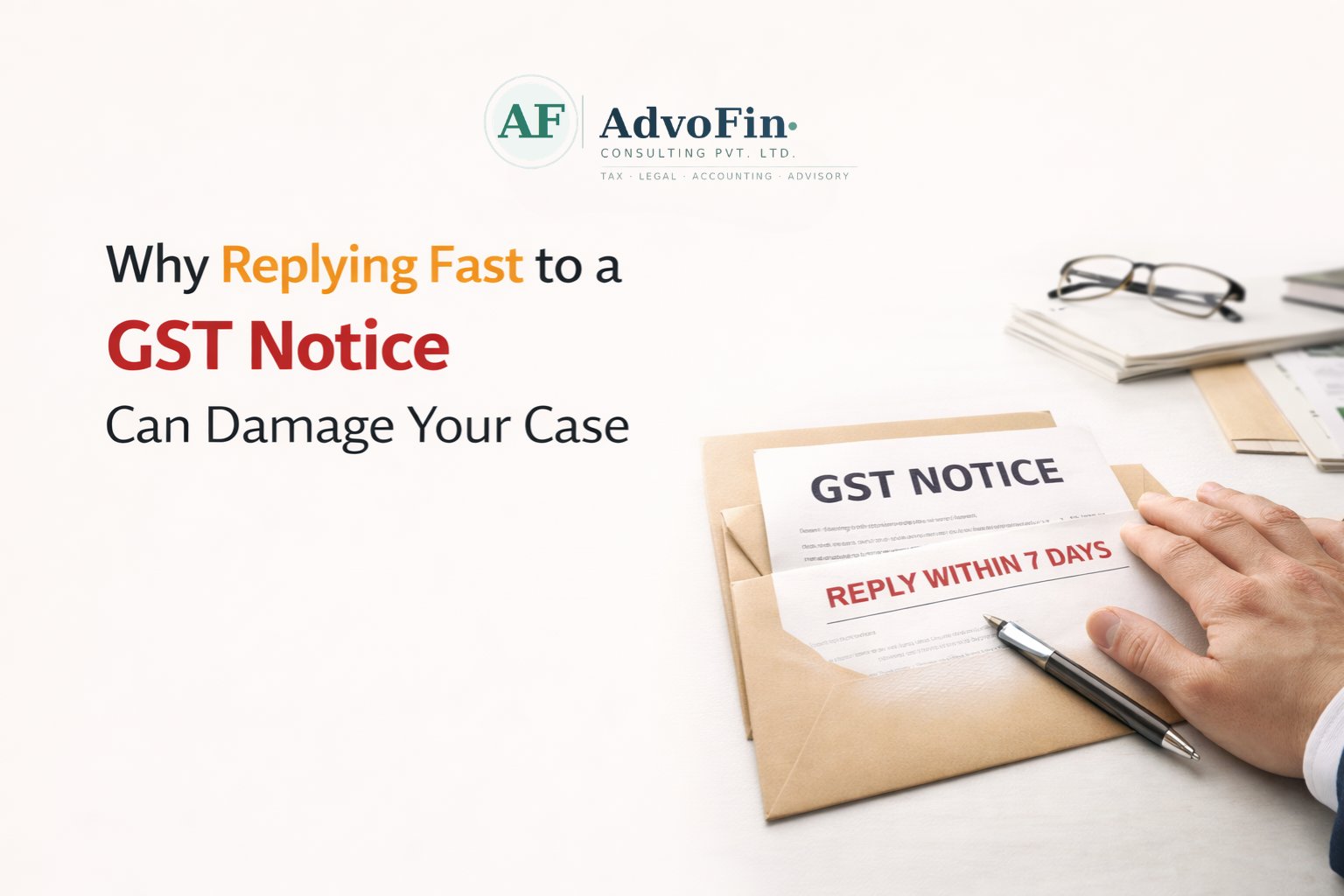 A person holding a GST Notice envelope stamped with "Reply Within 7 Days," highlighting the risks of replying too quickly to a GST notice without proper preparation - AdvoFin Consulting Pvt. Ltd.