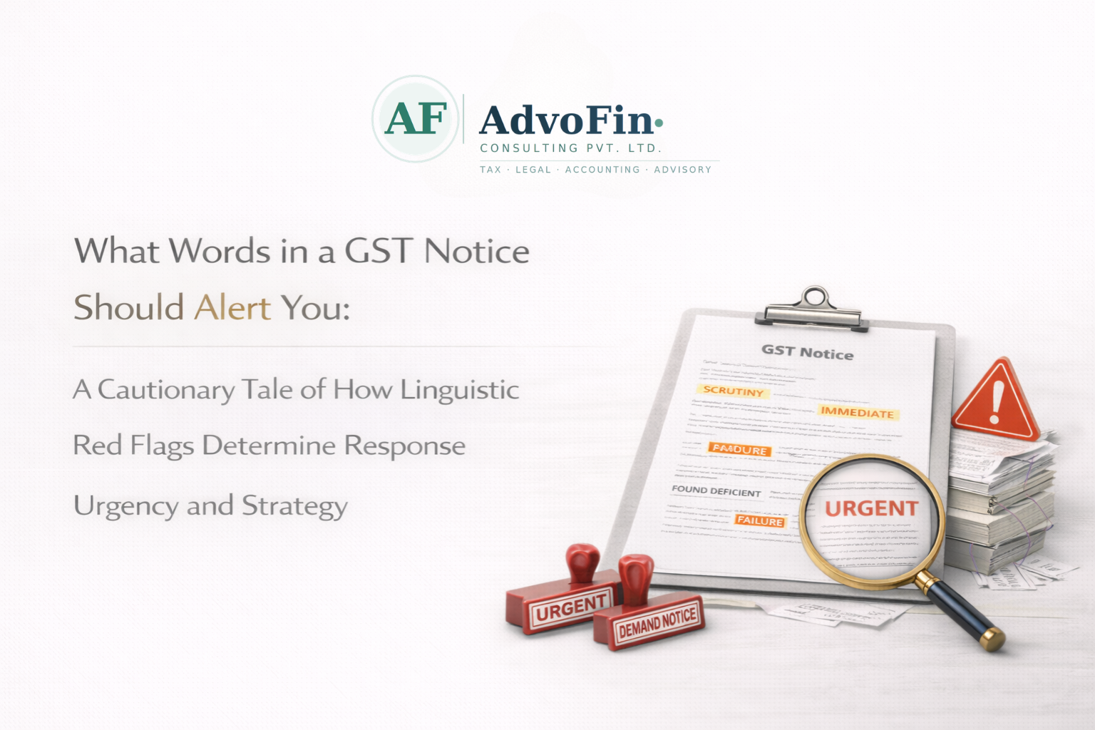 A GST Notice on a clipboard highlighting red flag words like "Scrutiny," "Immediate," "Found Deficient," and "Failure," with a magnifying glass revealing "Urgent," warning triangle, and "Urgent" and "Demand Notice" rubber stamps - illustrating how specific GST notice language signals response urgency and strategy - AdvoFin Consulting Pvt. Ltd.