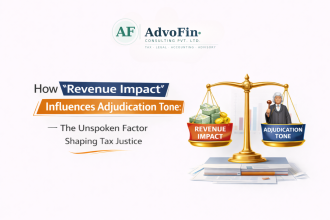 A golden justice scale balancing "Revenue Impact" loaded with cash and gold coins against "Adjudication Tone" held by a judge figure - illustrating how revenue impact silently shapes the tone and outcome of GST adjudication in India - AdvoFin Consulting Pvt. Ltd.