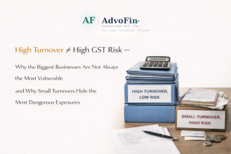 Two file stacks labelled "High Turnover, Low Risk" and "Small Turnover, High Risk" with a calculator and financial documents, illustrating that small businesses can carry greater GST risk than large ones - AdvoFin Consulting Pvt. Ltd.