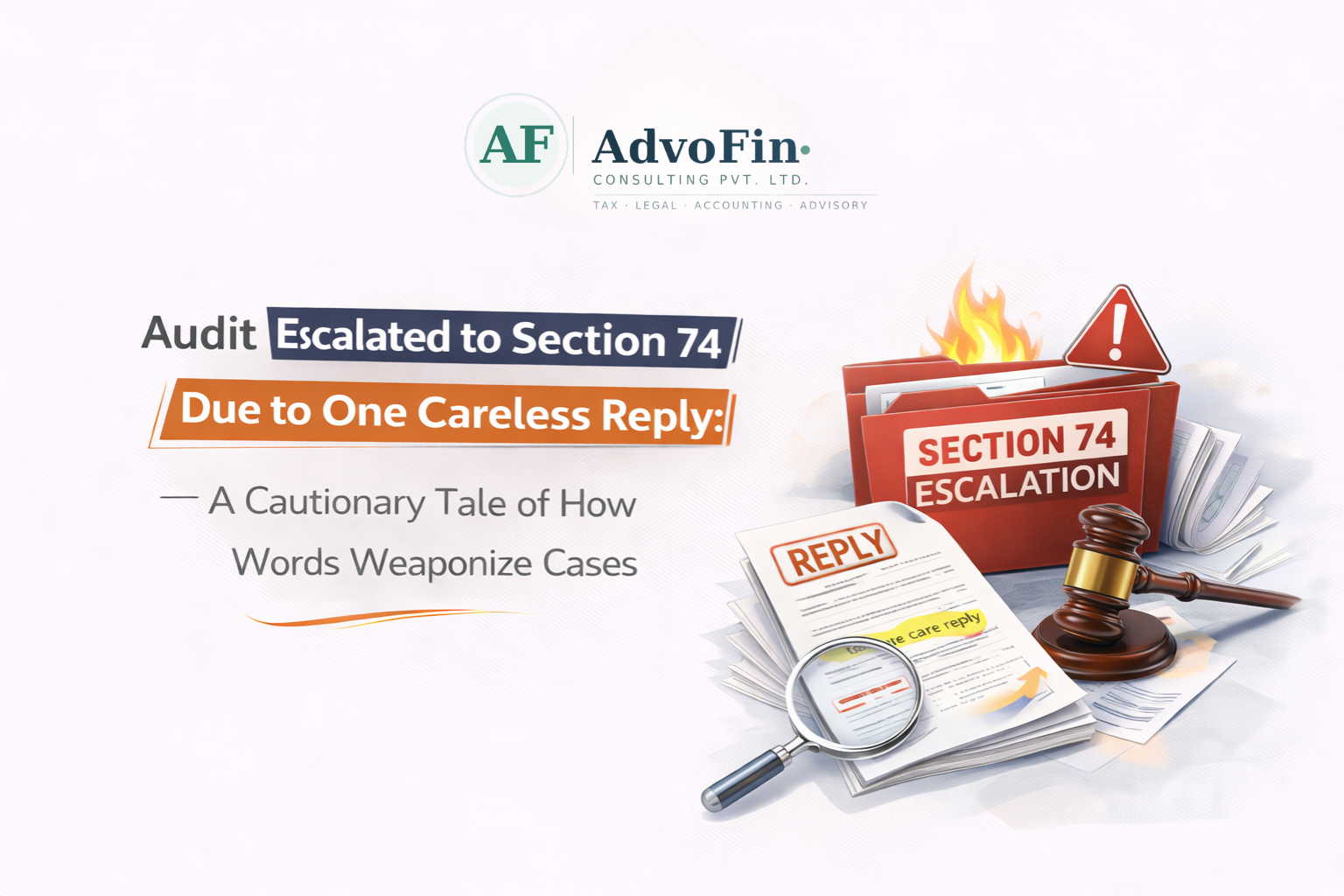 A burning Section 74 escalation file, careless reply document under a magnifying glass, and a judge's gavel — illustrating how one poorly worded GST audit reply can trigger a Section 74 fraud escalation - AdvoFin Consulting Pvt. Ltd.