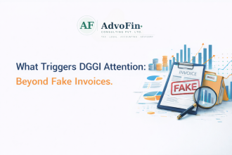 A fake-stamped invoice on a clipboard being examined under a magnifying glass, surrounded by financial charts, coin stacks, and invoice folders — depicting DGGI investigation triggers beyond fake invoices in GST India - AdvoFin Consulting Pvt. Ltd.
