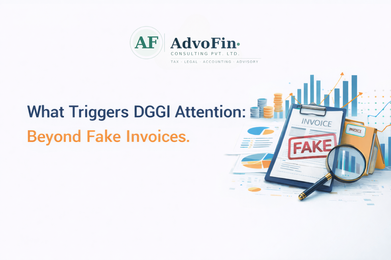 A fake-stamped invoice on a clipboard being examined under a magnifying glass, surrounded by financial charts, coin stacks, and invoice folders — depicting DGGI investigation triggers beyond fake invoices in GST India - AdvoFin Consulting Pvt. Ltd.