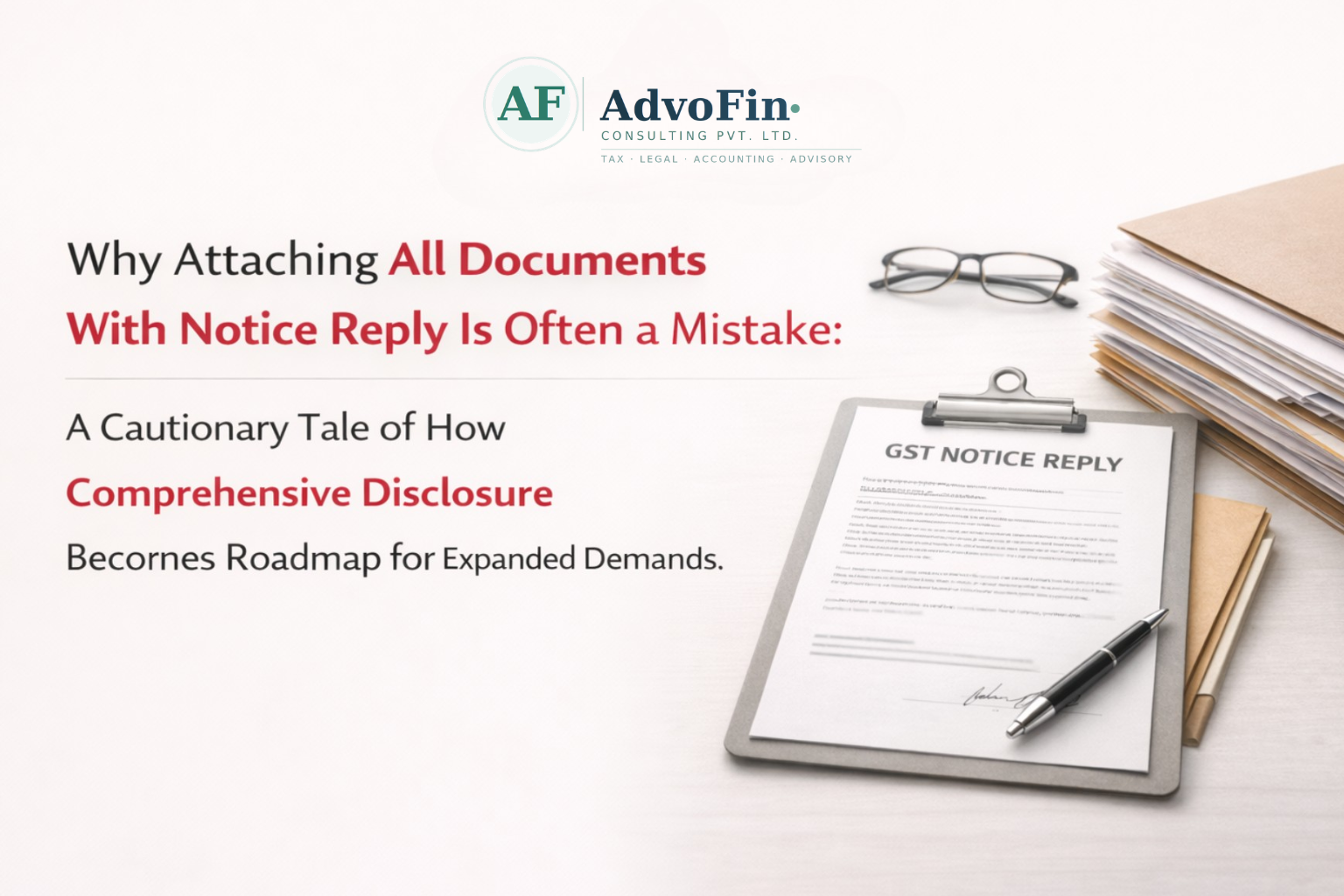 A signed GST Notice Reply document on a clipboard surrounded by stacked files, reading glasses, and envelopes - warning that attaching all documents with a GST notice reply can become a roadmap for expanded tax demands - AdvoFin Consulting Pvt. Ltd.